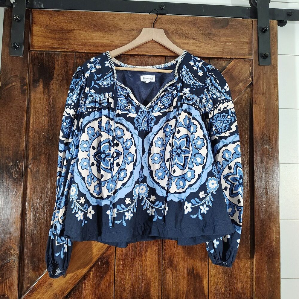 &Merci Boho Medallion Peasant Blouse Size L Tie Neck Blue Boutique - Picture 2 of 8